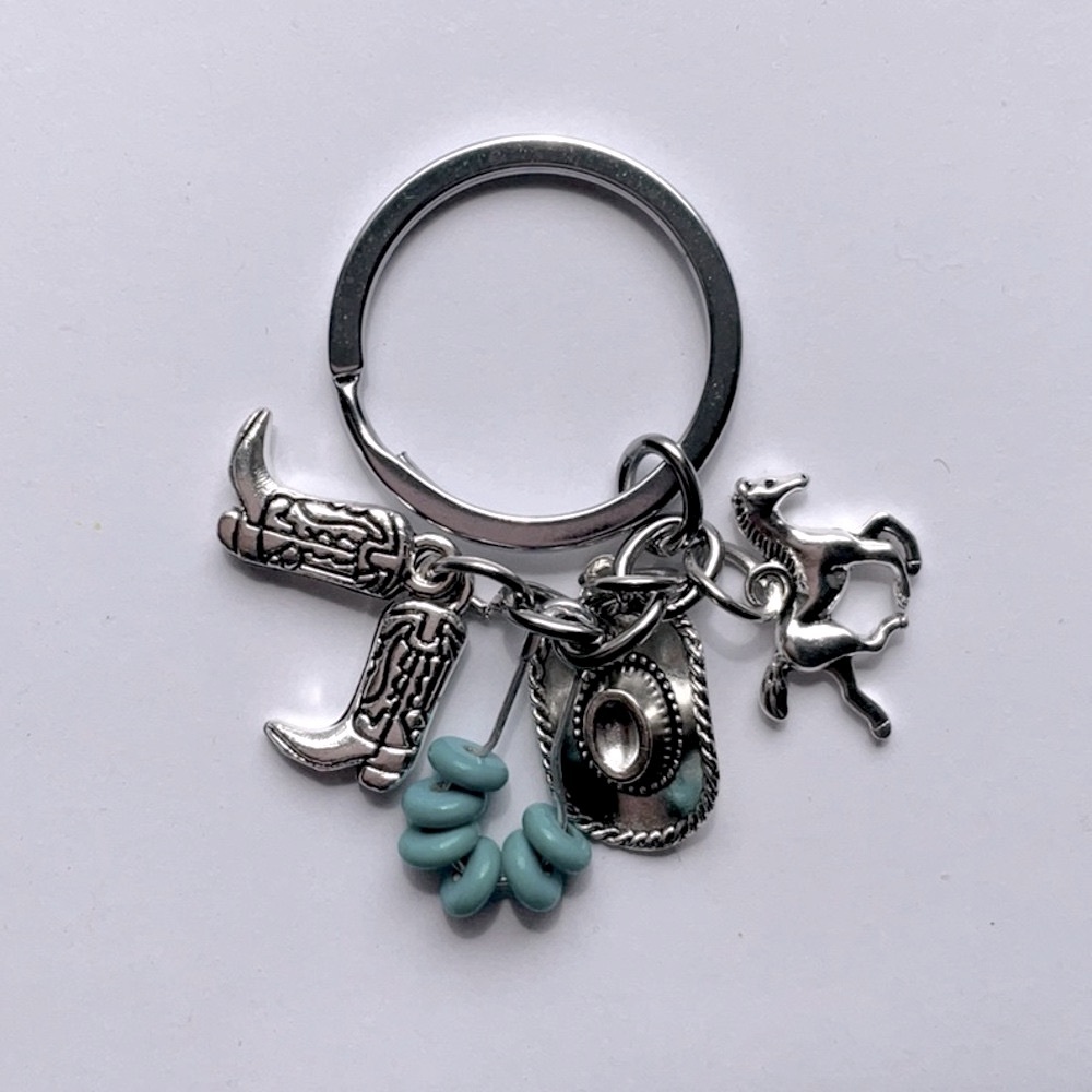 🟧Brand New Silver & Turquoise Western Keychain With Miniature Charms Handcrafted